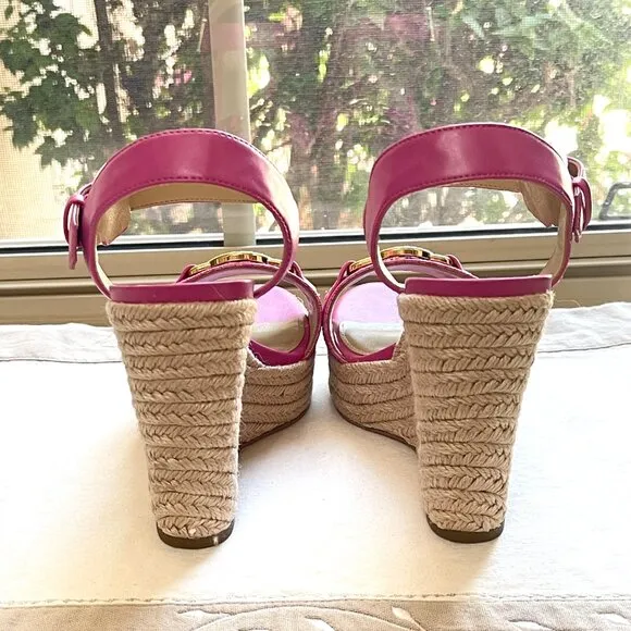 Michael Kors 6 MK Rory Espadrille Wedge Platform Sandals Cerise Pink Gold Logo