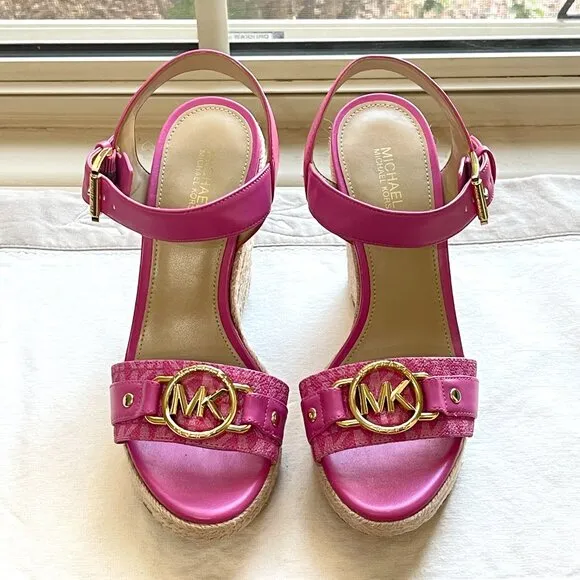 Michael Kors 6 MK Rory Espadrille Wedge Platform Sandals Cerise Pink Gold Logo