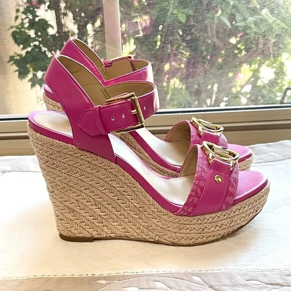 Michael Kors 6 MK Rory Espadrille Wedge Platform Sandals Cerise Pink Gold Logo