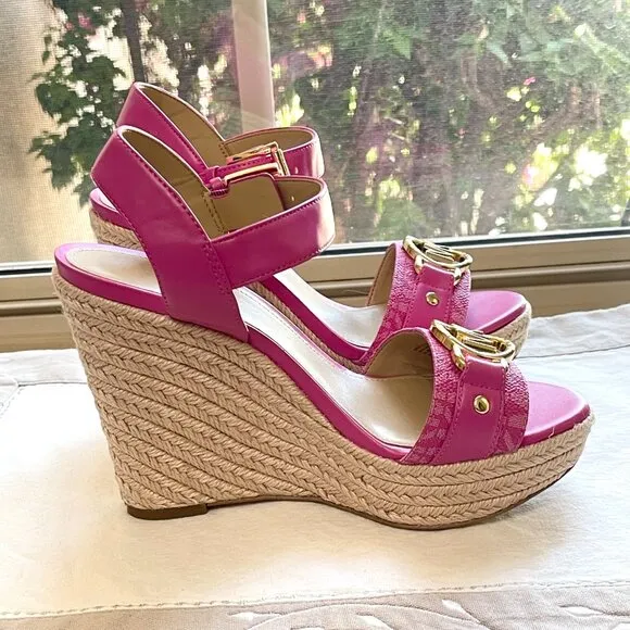Michael Kors 6 MK Rory Espadrille Wedge Platform Sandals Cerise Pink Gold Logo