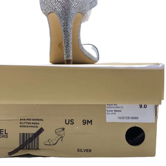 Michael Kors Ava Silver Glitter Mid Stiletto Heel Strappy Sandal Shoes 9 M
