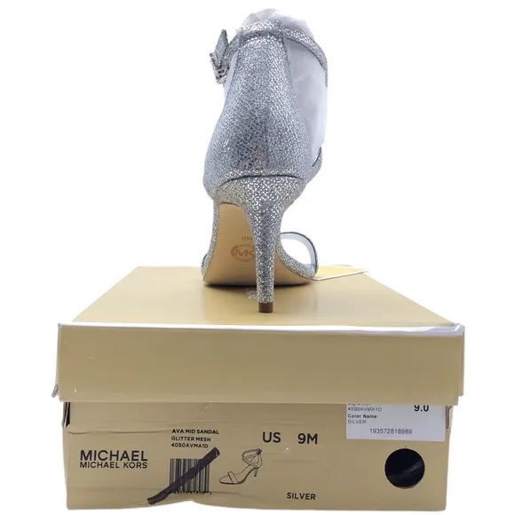 Michael Kors Ava Silver Glitter Mid Stiletto Heel Strappy Sandal Shoes 9 M