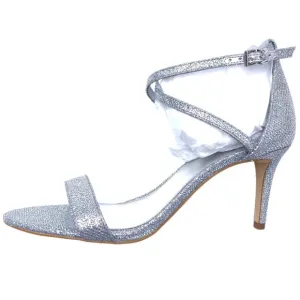 Michael Kors Ava Silver Glitter Mid Stiletto Heel Strappy Sandal Shoes 9 M