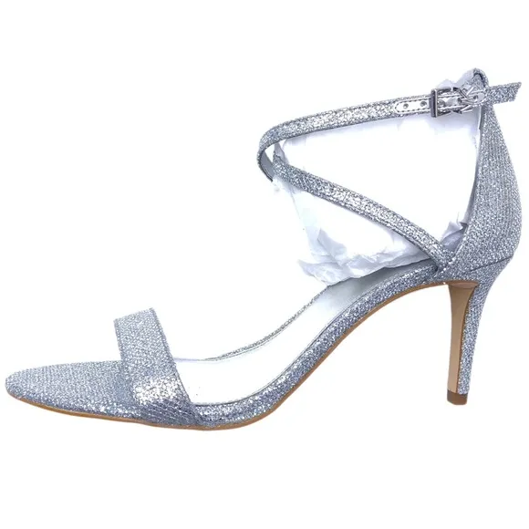 Michael Kors Ava Silver Glitter Mid Stiletto Heel Strappy Sandal Shoes 9 M
