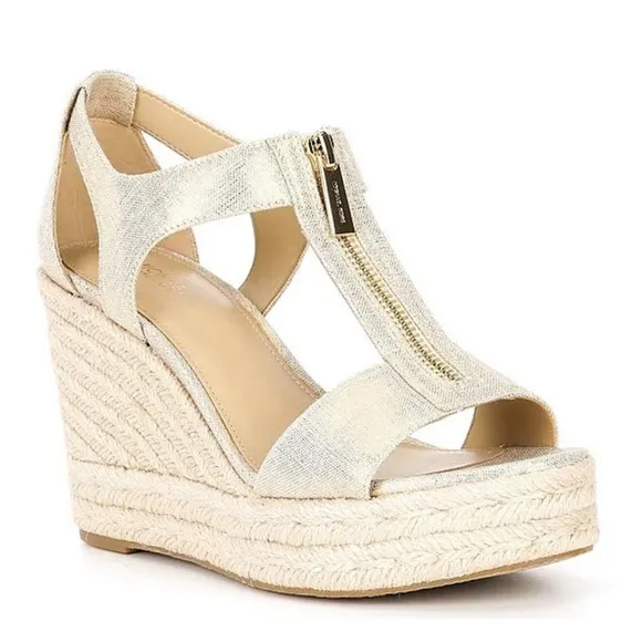 Michael Kors Berkley Metallic Linen Espadrille Wedge Sandals Size 8.5