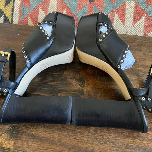 Michael Kors Black Leather Studded Strappy Platform Heels US8