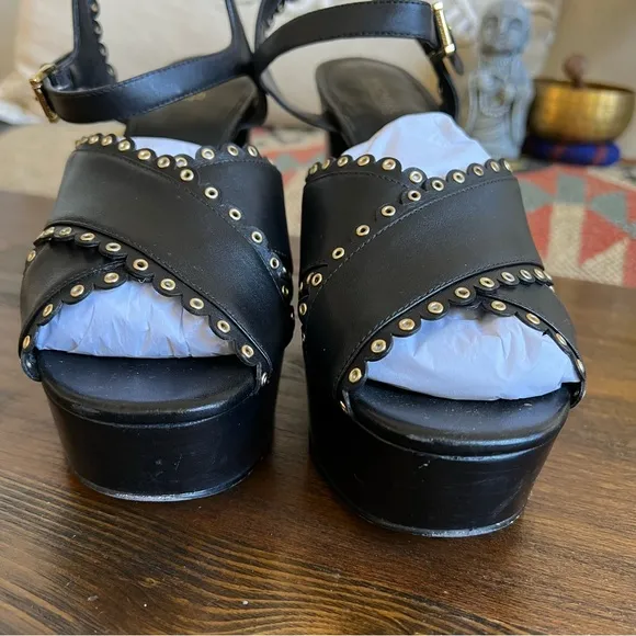 Michael Kors Black Leather Studded Strappy Platform Heels US8