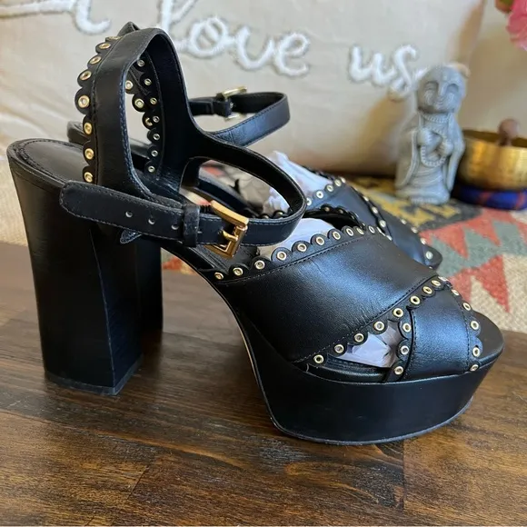 Michael Kors Black Leather Studded Strappy Platform Heels US8