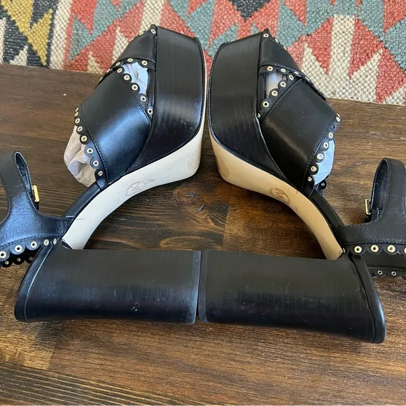 Michael Kors Black Leather Studded Strappy Platform Heels US8