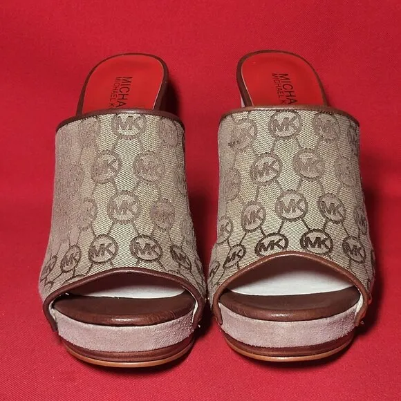 Michael Kors  Brown Monogram Stud Wedge Sandals 8M