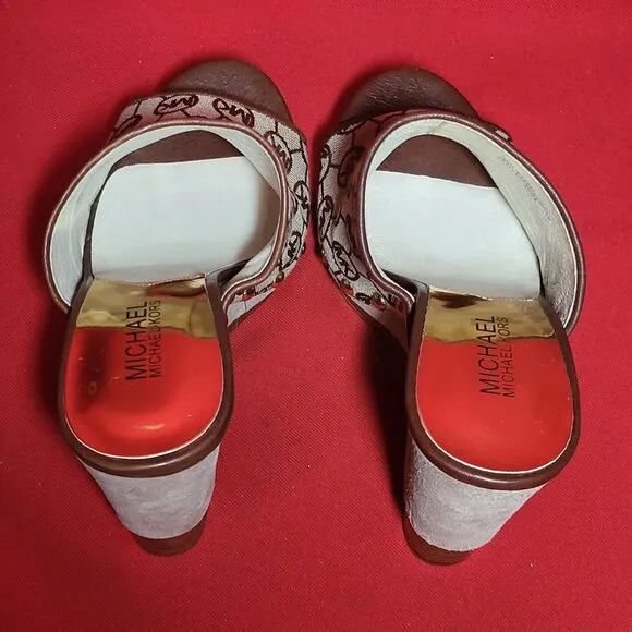 Michael Kors  Brown Monogram Stud Wedge Sandals 8M
