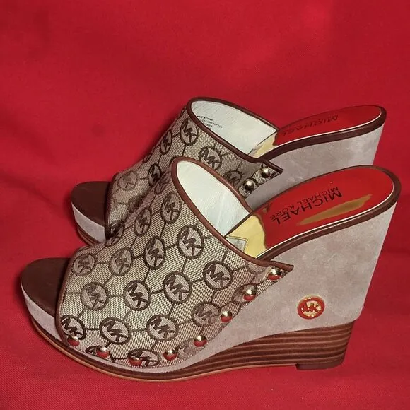 Michael Kors  Brown Monogram Stud Wedge Sandals 8M