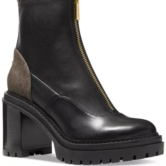 Michael Kors Cyrus MK Logo Black Bootie Ankle Boots Shoes Heels Pumps NEW