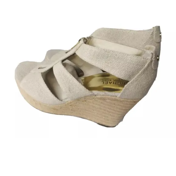Michael Kors Damita Wedge Shoes Size 9.5M Khaki Heels Gold Zip Accent