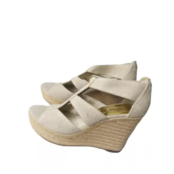 Michael Kors Damita Wedge Shoes Size 9.5M Khaki Heels Gold Zip Accent