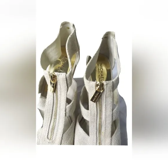 Michael Kors Damita Wedge Shoes Size 9.5M Khaki Heels Gold Zip Accent