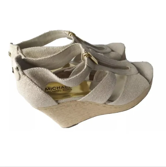 Michael Kors Damita Wedge Shoes Size 9.5M Khaki Heels Gold Zip Accent
