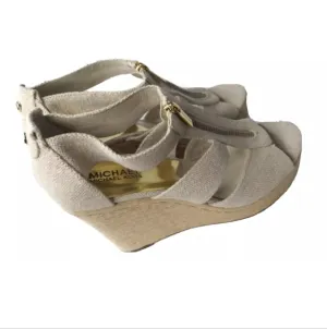 Michael Kors Damita Wedge Shoes Size 9.5M Khaki Heels Gold Zip Accent
