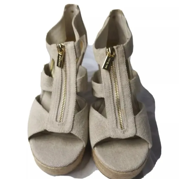 Michael Kors Damita Wedge Shoes Size 9.5M Khaki Heels Gold Zip Accent