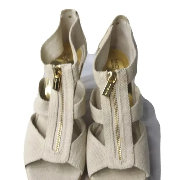 Michael Kors Damita Wedge Shoes Size 9.5M Khaki Heels Gold Zip Accent