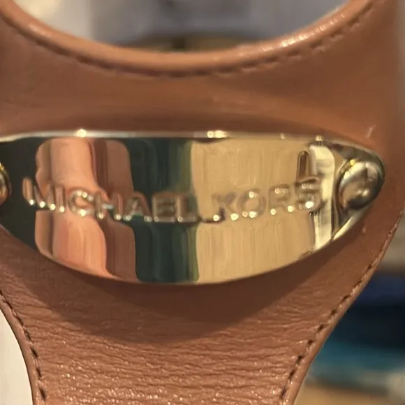 Michael Kors Espadrille Wedge MK Logo Tan Leather Sandals Heels Shoes Size 8