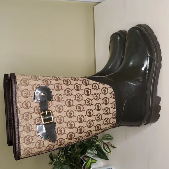 Michael Kors | Green and Brown Rubber and Canvas Rainboots Sz 7M