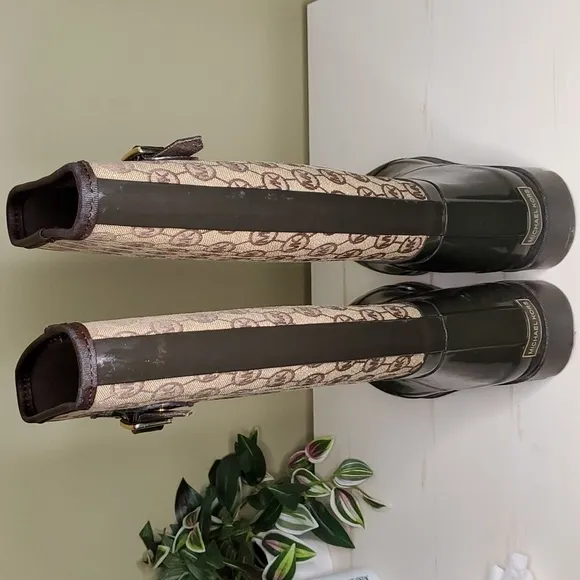 Michael Kors | Green and Brown Rubber and Canvas Rainboots Sz 7M