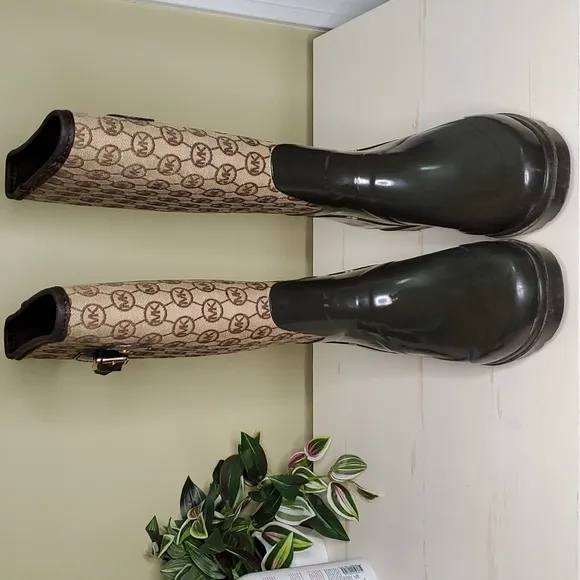Michael Kors | Green and Brown Rubber and Canvas Rainboots Sz 7M