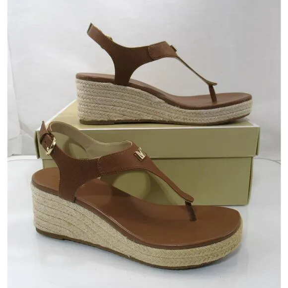 Michael Kors Laney Thong Espadrille Wedge Sandals MK Logo Luggage Size 7.5