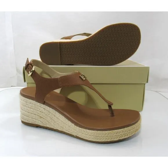 Michael Kors Laney Thong Espadrille Wedge Sandals MK Logo Luggage Size 7.5