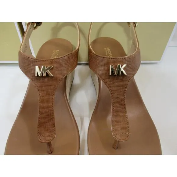 Michael Kors Laney Thong Espadrille Wedge Sandals MK Logo Luggage Size 7.5