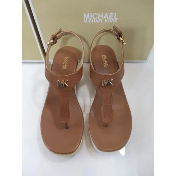 Michael Kors Laney Thong Espadrille Wedge Sandals MK Logo Luggage Size 7.5
