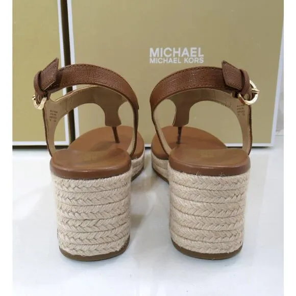 Michael Kors Laney Thong Espadrille Wedge Sandals MK Logo Luggage Size 7.5