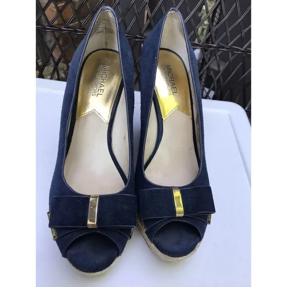 Michael Kors Meg blue suede leather Bow Wedge Platform Peep Toe Shoes 10 M Heels