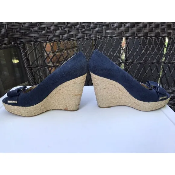 Michael Kors Meg blue suede leather Bow Wedge Platform Peep Toe Shoes 10 M Heels