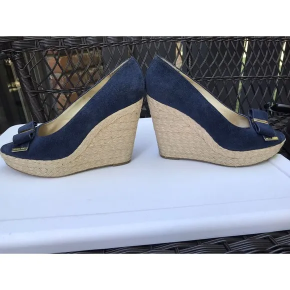 Michael Kors Meg blue suede leather Bow Wedge Platform Peep Toe Shoes 10 M Heels