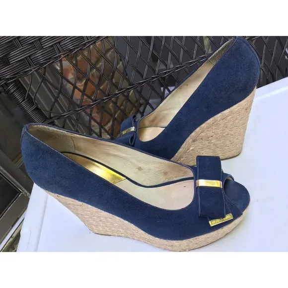 Michael Kors Meg blue suede leather Bow Wedge Platform Peep Toe Shoes 10 M Heels