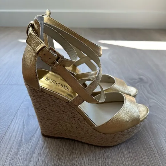 Michael Kors Metallic Light Gold Leather Platform Wedges - Size 8
