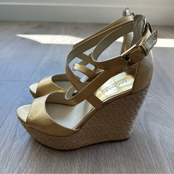 Michael Kors Metallic Light Gold Leather Platform Wedges - Size 8