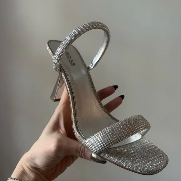 Michael Kors Silver Rhinestone Sandals w/ Mirrored Heel - size 8.5 - EUC