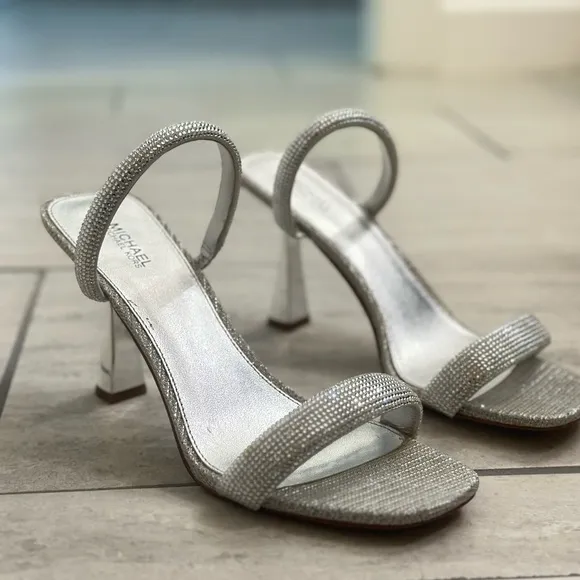 Michael Kors Silver Rhinestone Sandals w/ Mirrored Heel - size 8.5 - EUC