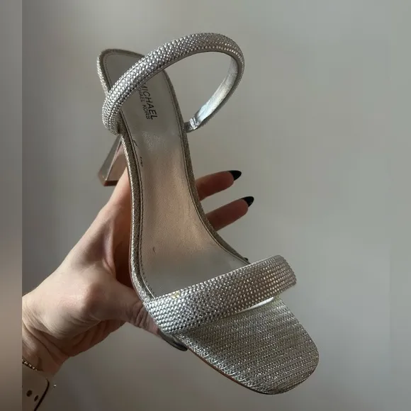 Michael Kors Silver Rhinestone Sandals w/ Mirrored Heel - size 8.5 - EUC