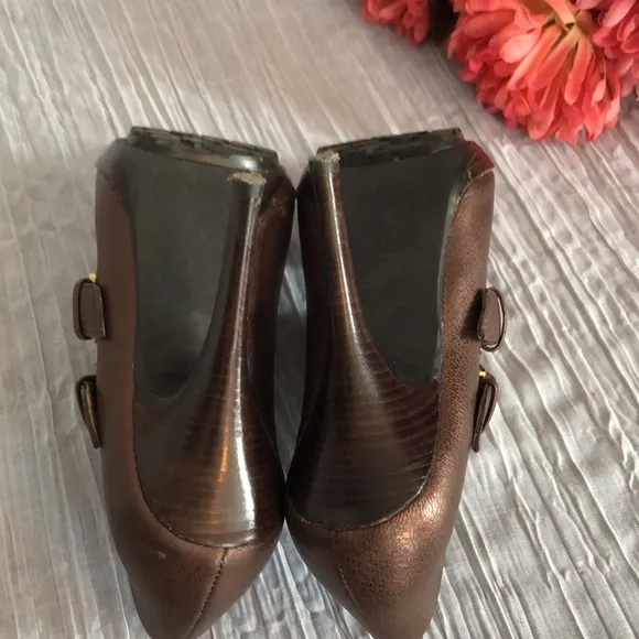 MICHAEL KORS size 4.5 brown leather platform spike heels booties w/2 buckles