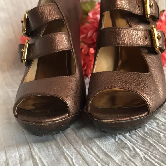 MICHAEL KORS size 4.5 brown leather platform spike heels booties w/2 buckles