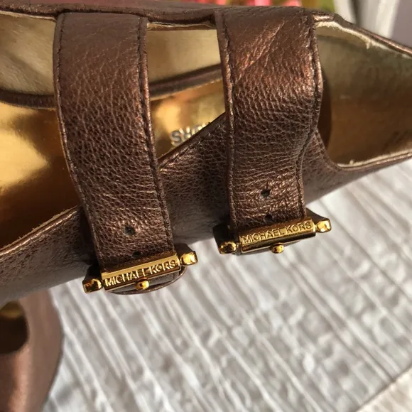 MICHAEL KORS size 4.5 brown leather platform spike heels booties w/2 buckles