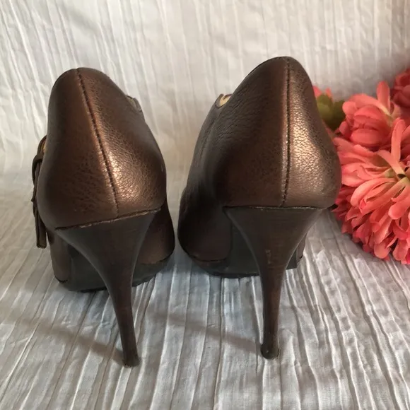 MICHAEL KORS size 4.5 brown leather platform spike heels booties w/2 buckles