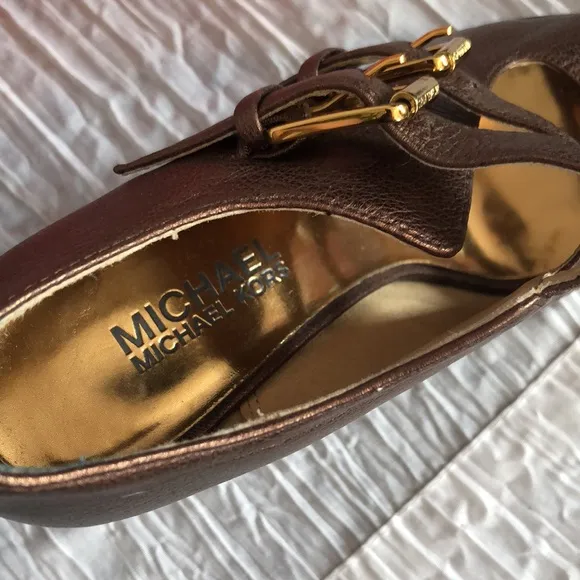 MICHAEL KORS size 4.5 brown leather platform spike heels booties w/2 buckles