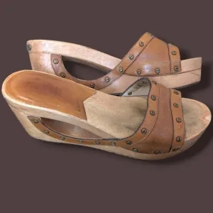 Michael Kors Vintage Wooden Embellished Cut-Out Platform Slides Size 8.5 Boho
