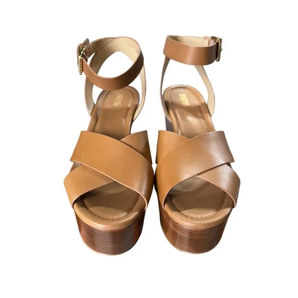 Michael Michael Kors Abbott Mid Platform Wedge Leather Sandals In Acorn …
