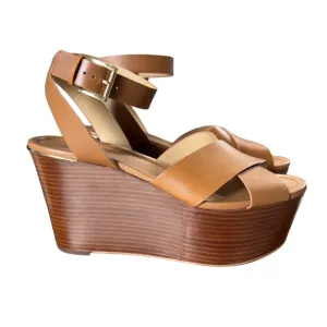 Michael Michael Kors Abbott Mid Platform Wedge Leather Sandals In Acorn …